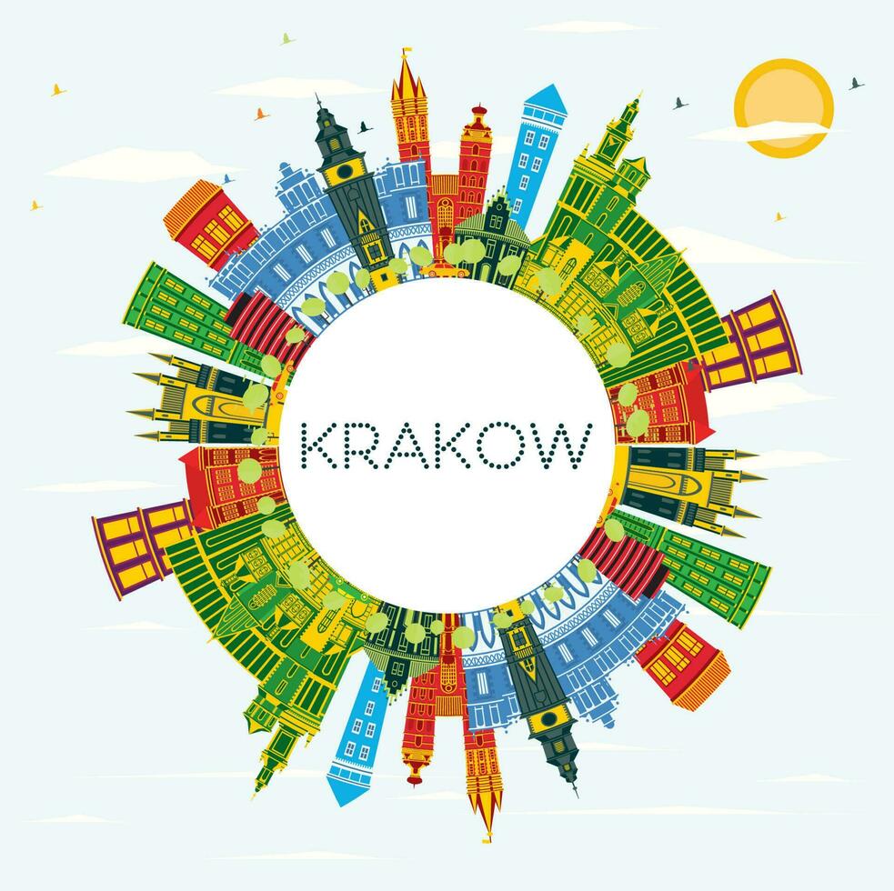 krakow polen stad horisont med Färg byggnader, blå himmel och kopia Plats. krakow stadsbild med landmärken. vektor