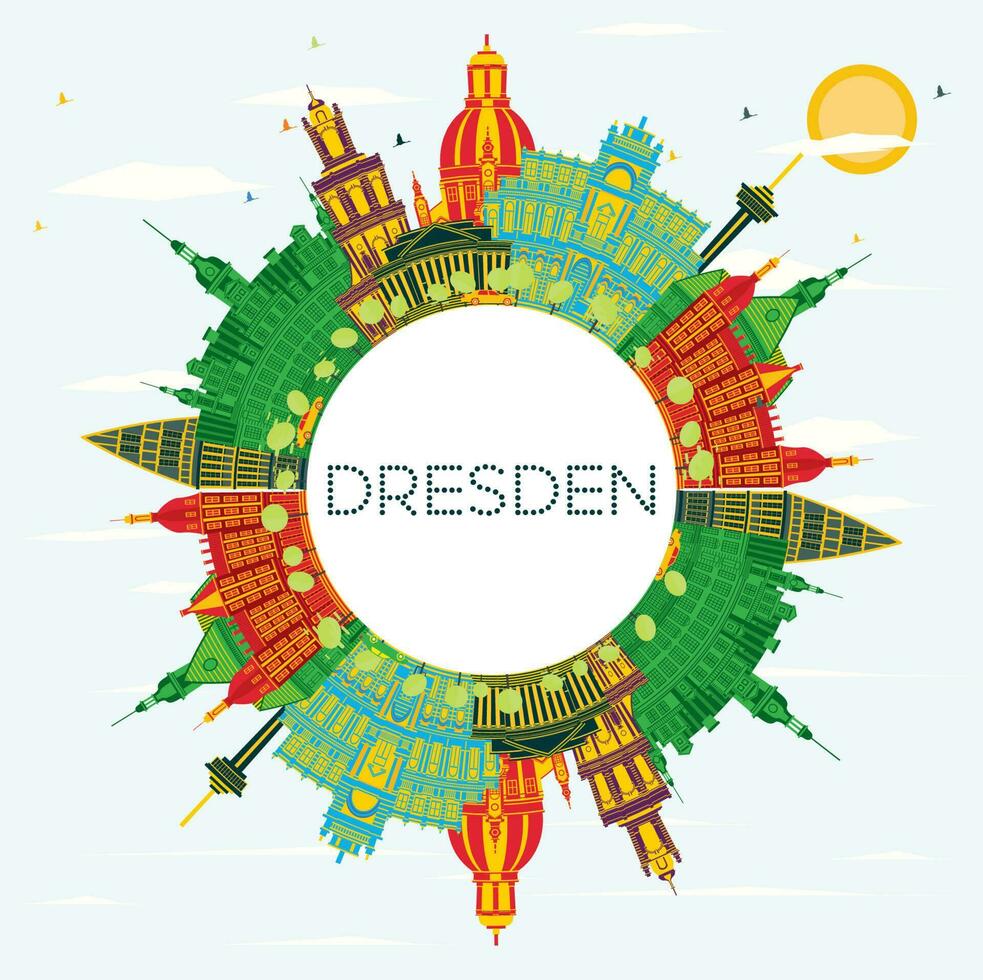 dresden Tyskland stad horisont med Färg byggnader, blå himmel och kopia Plats. dresden stadsbild med landmärken. vektor