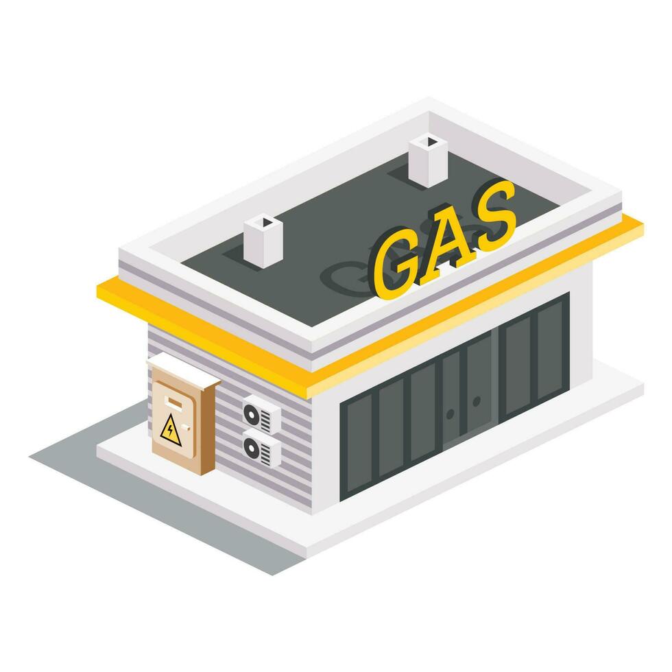 Gas Bahnhof Außen. isometrisch isoliert modern Gebäude. Infografik Element. vektor