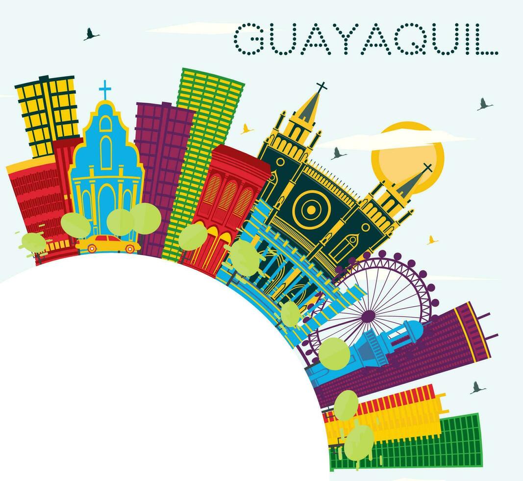 guayaquil ecuador city skyline mit farbigen gebäuden, blauem himmel und kopierraum. vektor