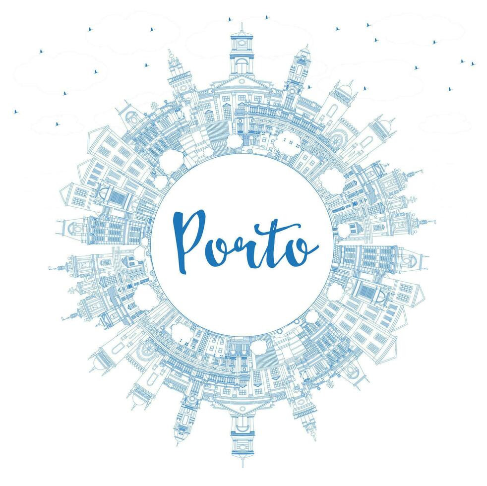 Gliederung porto Portugal Stadt Horizont mit Blau Gebäude und Kopieren Raum. porto Stadtbild mit Sehenswürdigkeiten. vektor