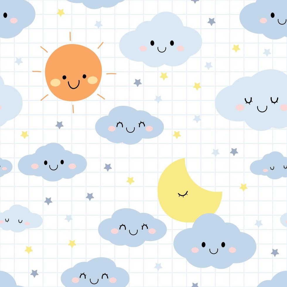 söt solmåne och moln leende hälsning tecknad doodle sömlösa mönster vektor