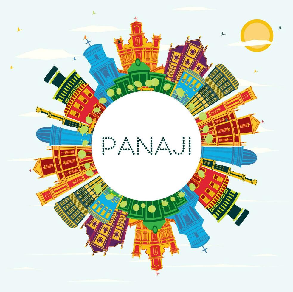 panaj Indien Stadt Horizont mit Farbe Gebäude, Blau Himmel und Kopieren Raum. panaj Stadtbild mit Sehenswürdigkeiten. vektor