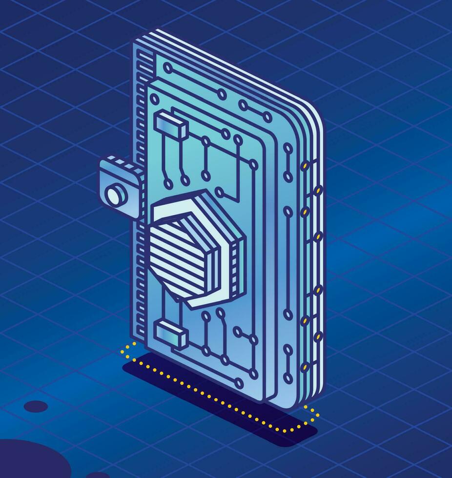 isometrisch Krypto Brieftasche mit Kryptowährung. Gliederung detailliert Symbol zum Kryptowährung Lager App. Blockchain Technologie. vektor