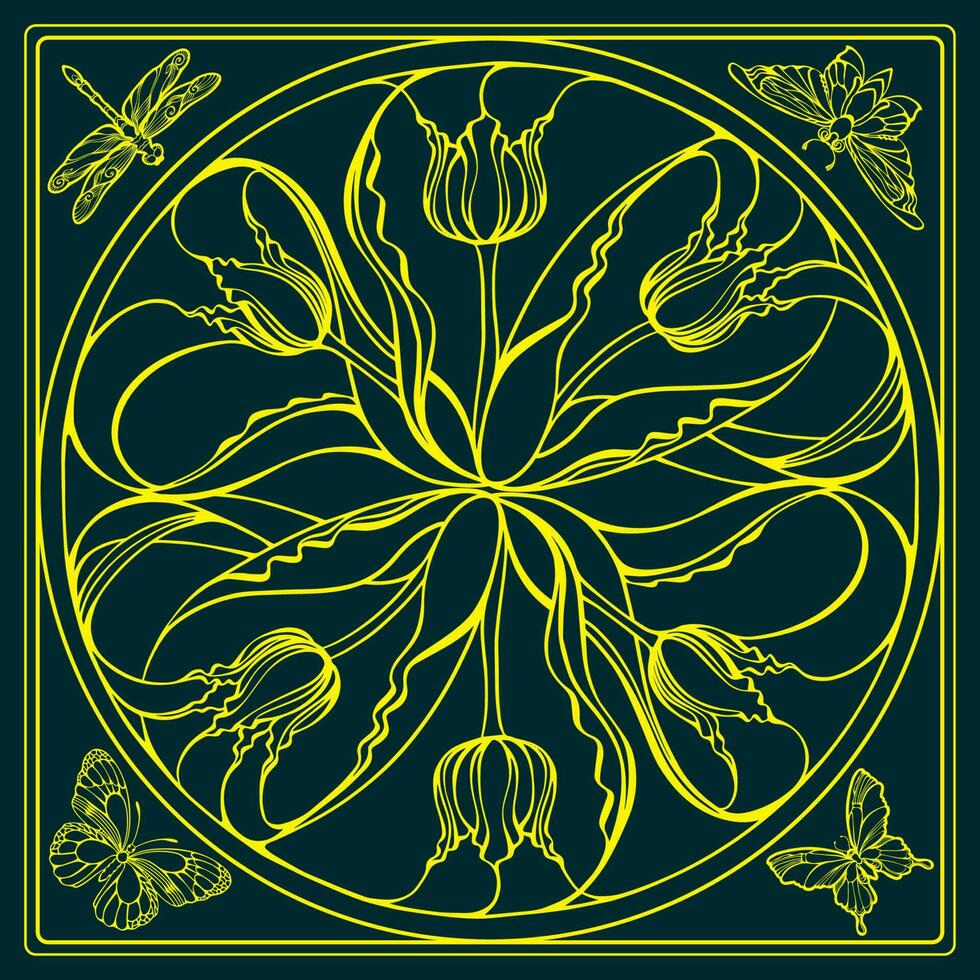 botanisch Platz Muster mit Tulpen und Schmetterlinge. Mandala. Vektor Illustration.