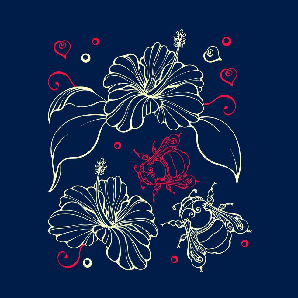 botanisch Muster mit tropisch Blumen und Hummeln. Blumen- Vektor Illustration.