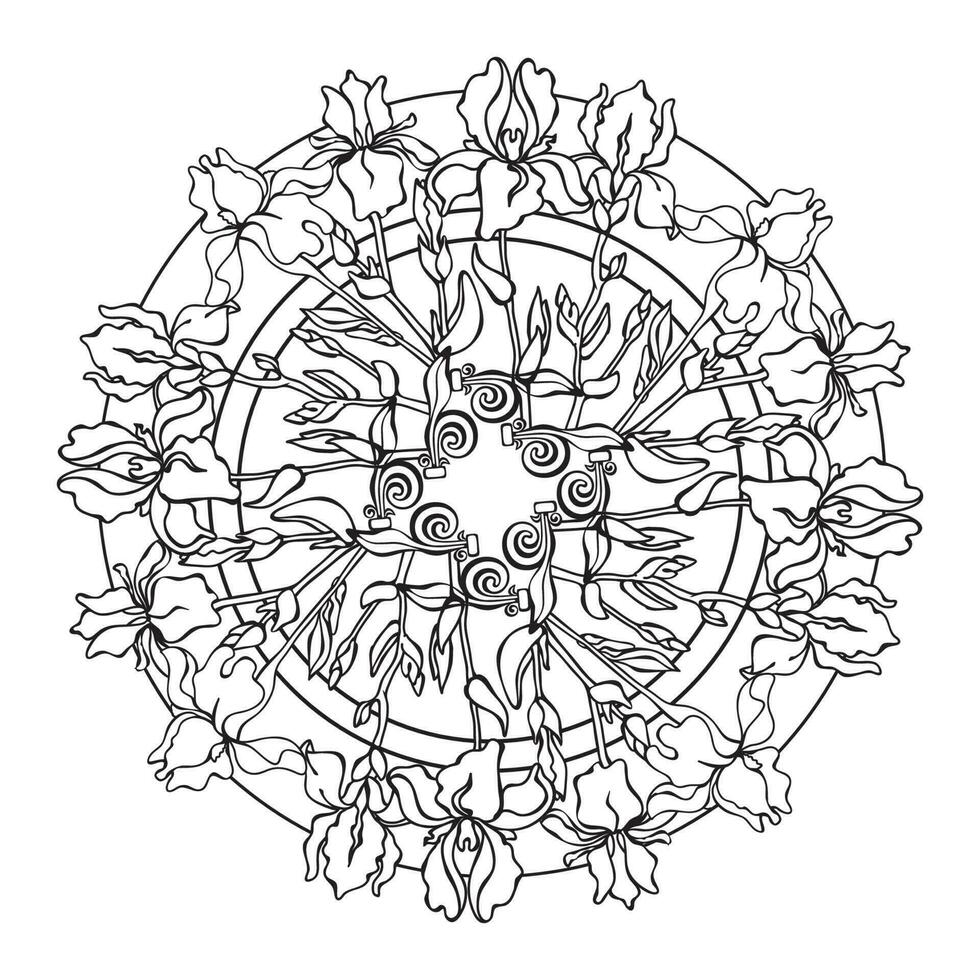 iris. blommig mandala med tropisk blommor. färg sida. vektor illustration.