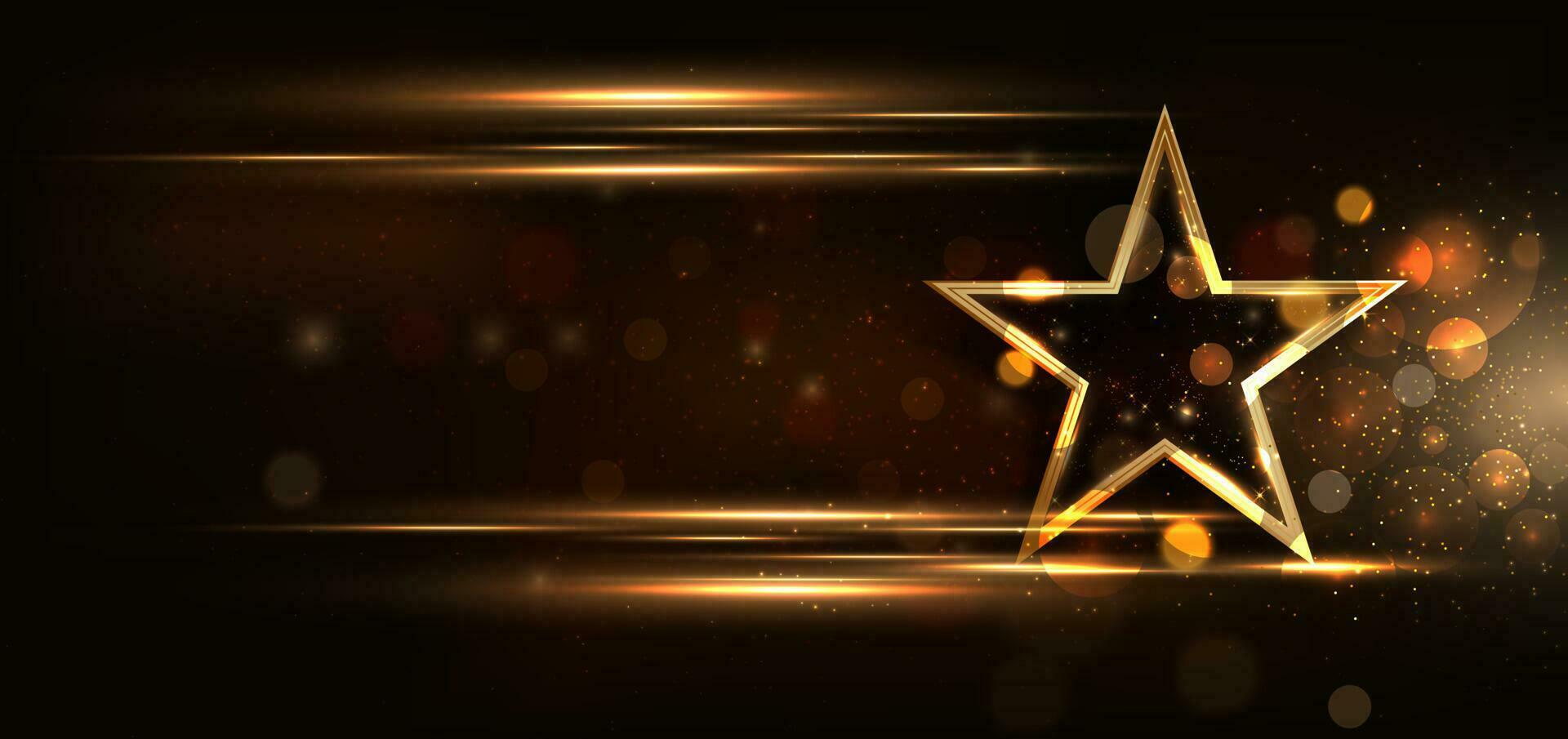 3d golden Star mit golden auf schwarz Hintergrund mit Beleuchtung bewirken und funkeln. Luxus Vorlage Feier vergeben Design. vektor