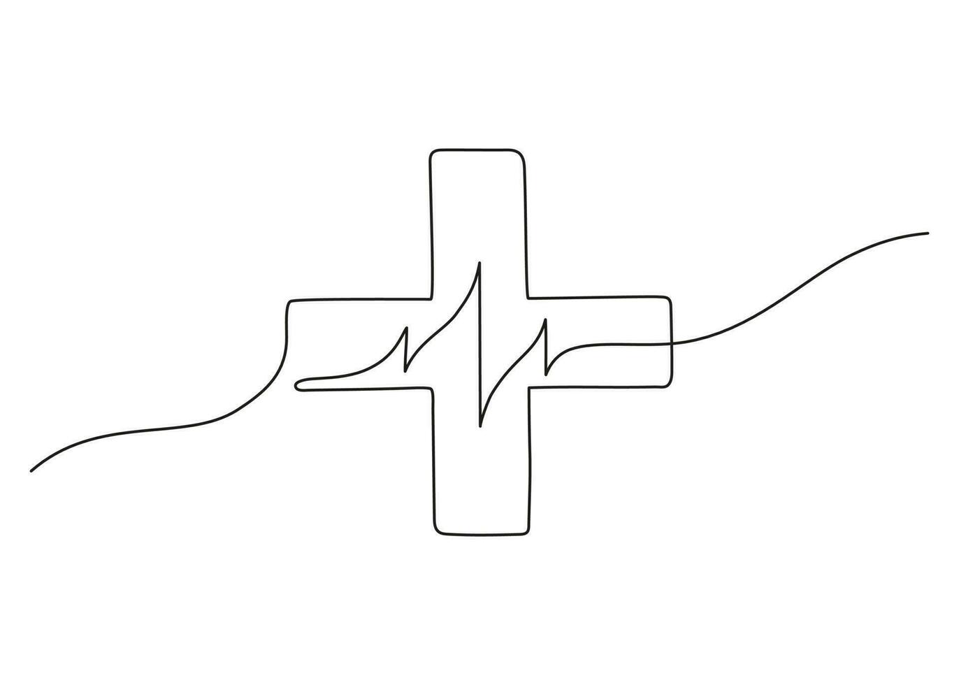 medizinisch Kreuz einer kontinuierlich Kunst Linie Zeichnung. Single schwarz Linie. medizinisch Hilfe Herzschlag Zeichen Symbol. Hand gezeichnet Gekritzel skizzieren. Vektor Illustration