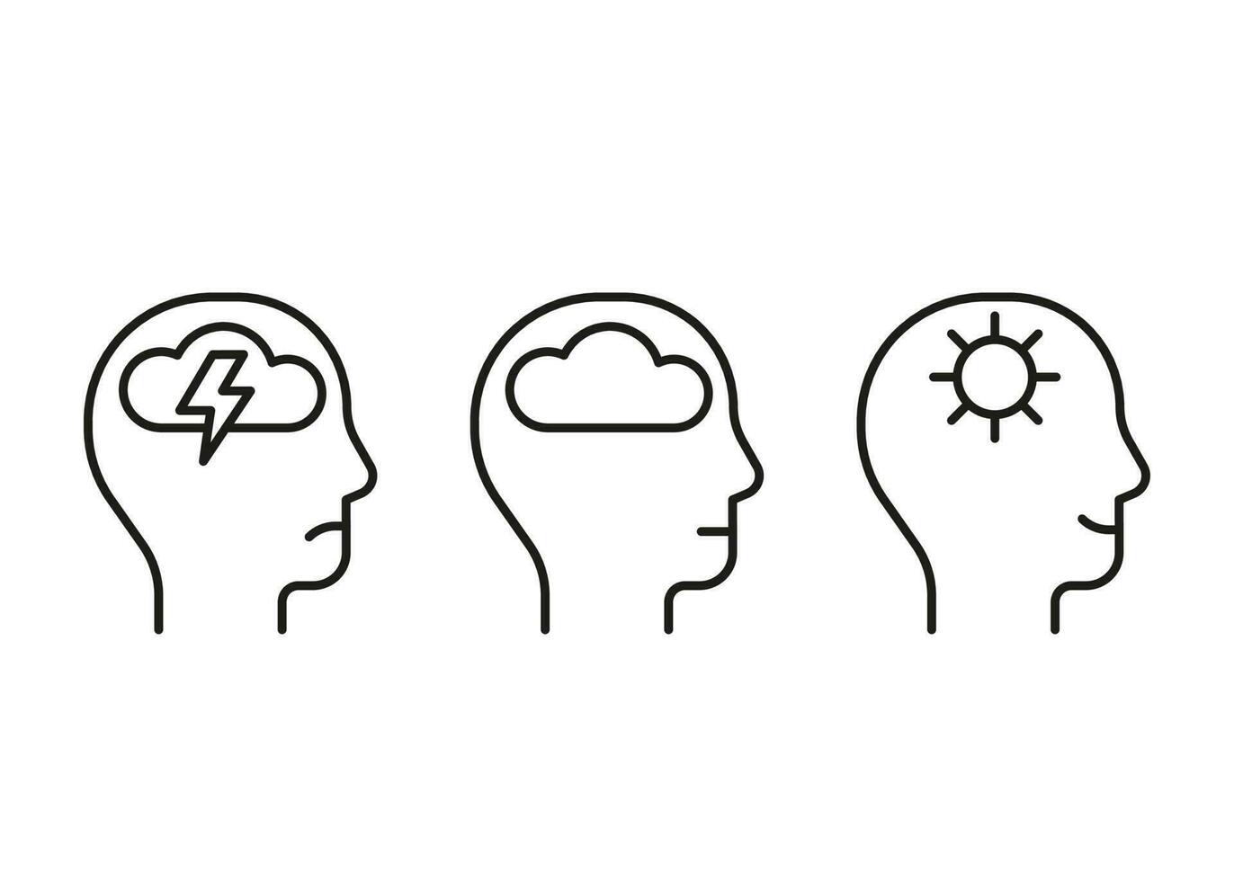 huvud profil med påfrestning, lugna och Bra mental hälsa, linje ikon. ansikte med storm, moln och klar himmel, Sol. kontrollera av sinne, psykologi. vektor illustration
