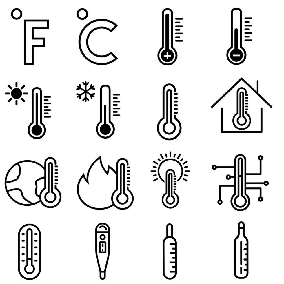 Thermometer Symbol Vektor Satz. Temperatur Illustration Zeichen Sammlung. Hitze Symbol oder Logo.