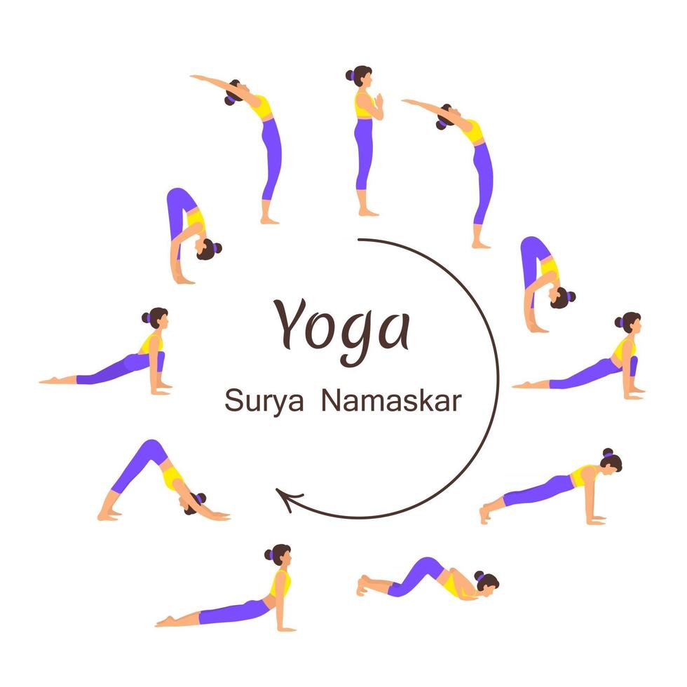 Surya Namaskar eine Sonnengruß Yoga Asanas Sequenz Set Vektor-Illustration vektor