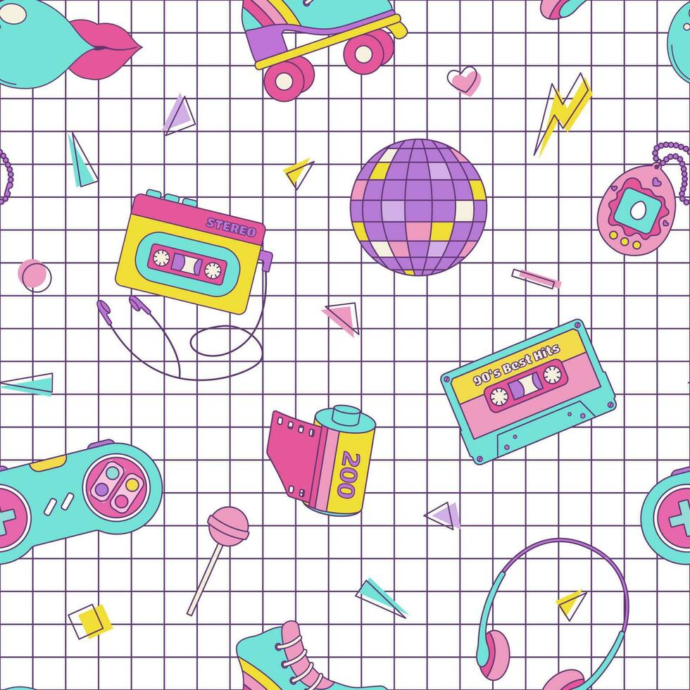 Jahrgang nahtlos Muster 80er Jahre 90er Jahre Disko Ball, Walze Rollschuhe, Kassette Band, geometrisch Formen im Memphis Stil. Vektor retro Hintergrund auf kariert Hintergrund