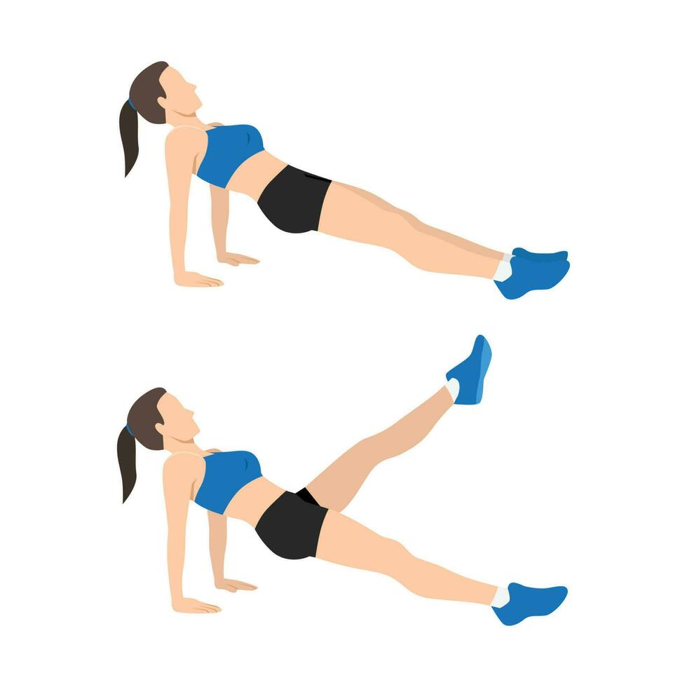 kvinna håller på med omvänd planka med ben höja form i 2 steg för övning guide. illustration handla om träna till mål på axlar, ben, och abdominal muskler. vektor