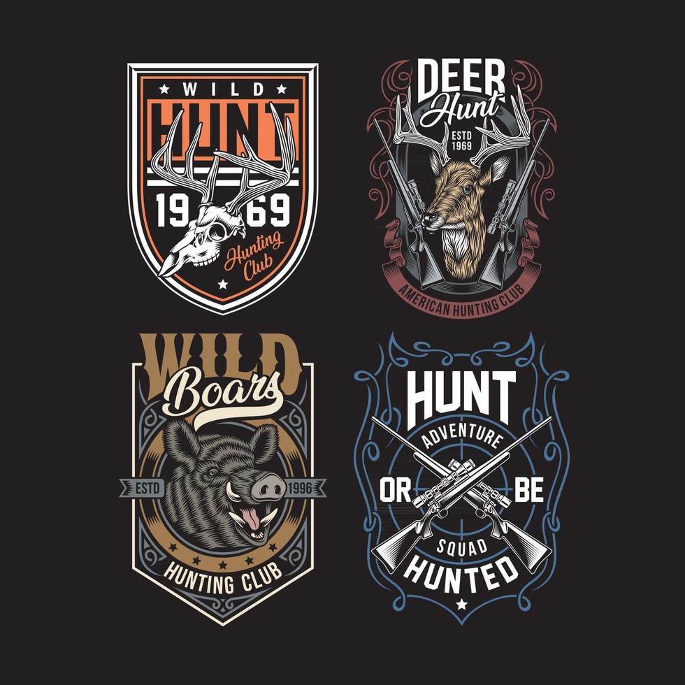 Jagd grafische T-Shirts Sammlung auf schwarz vektor