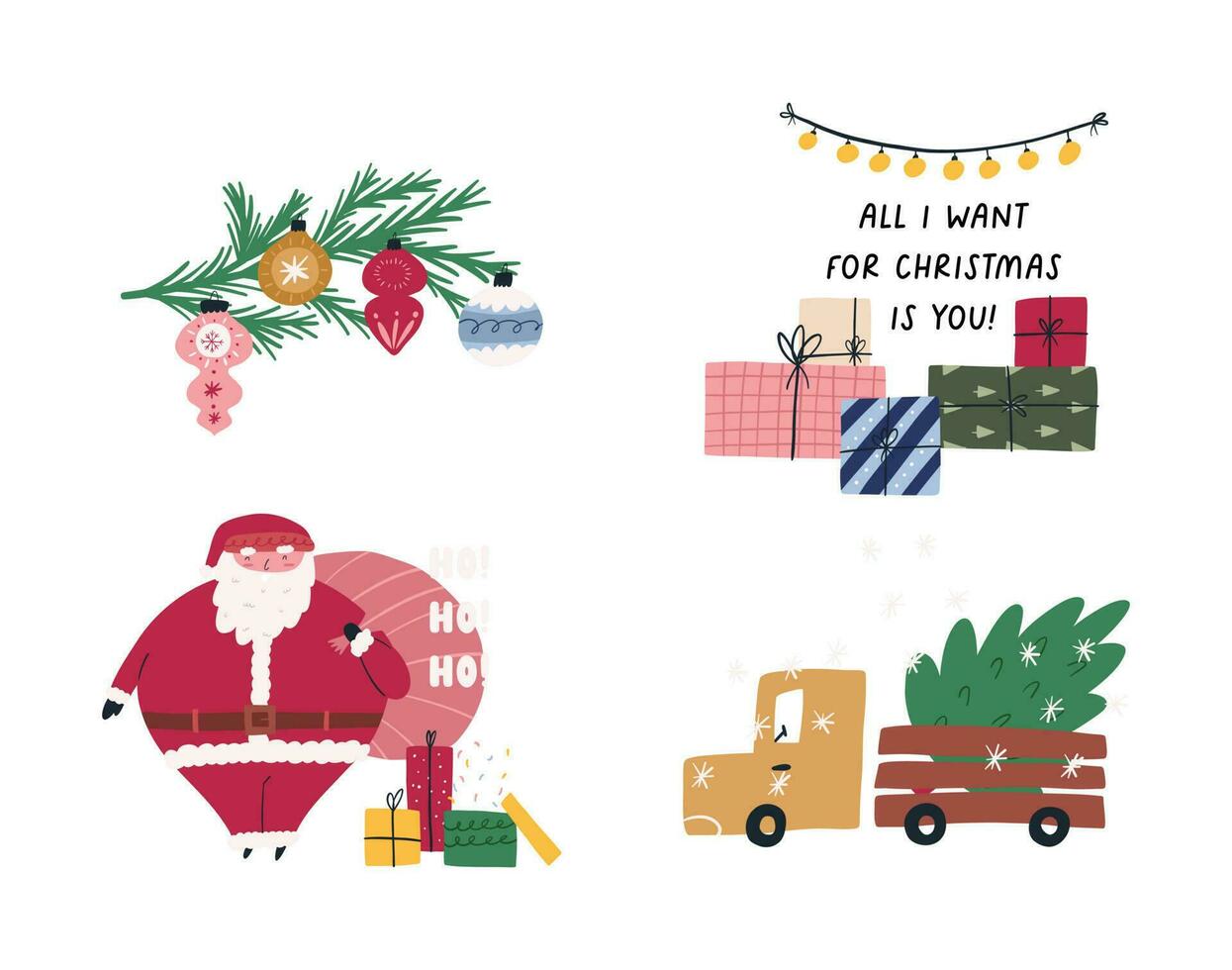 Weihnachten Schöne Grüße und Winter Kompositionen, Karikatur eben Vektor Illustration isoliert auf Weiß Hintergrund. komisch Santa claus mit Geschenk Kisten, Hand gezeichnet Tanne Baum Ast dekoriert mit Ornamente.