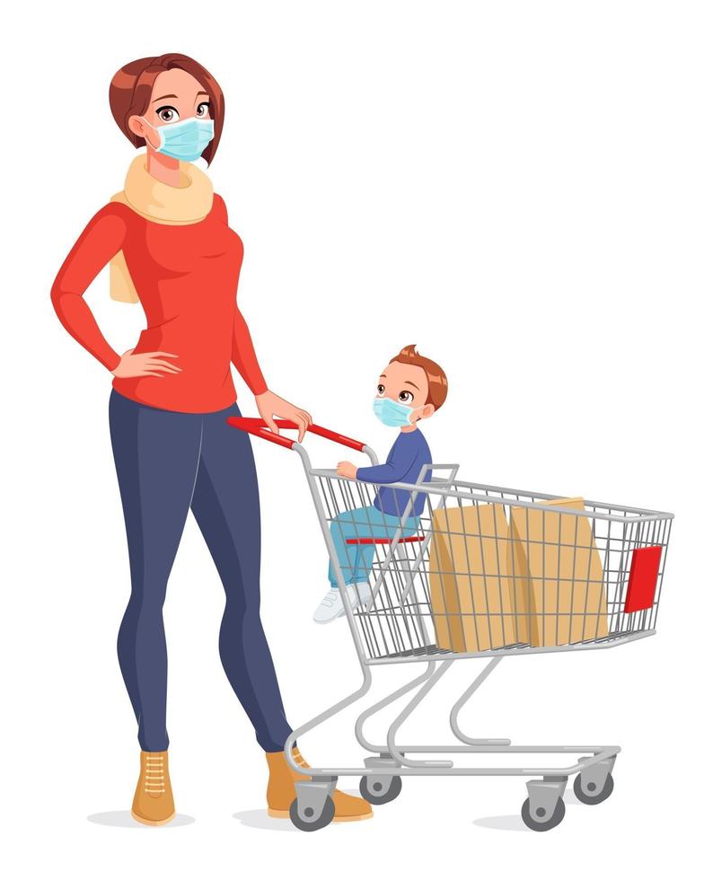 Mutter und Kind in Gesichtsmasken mit Einkaufswagenkarikaturvektorillustration vektor