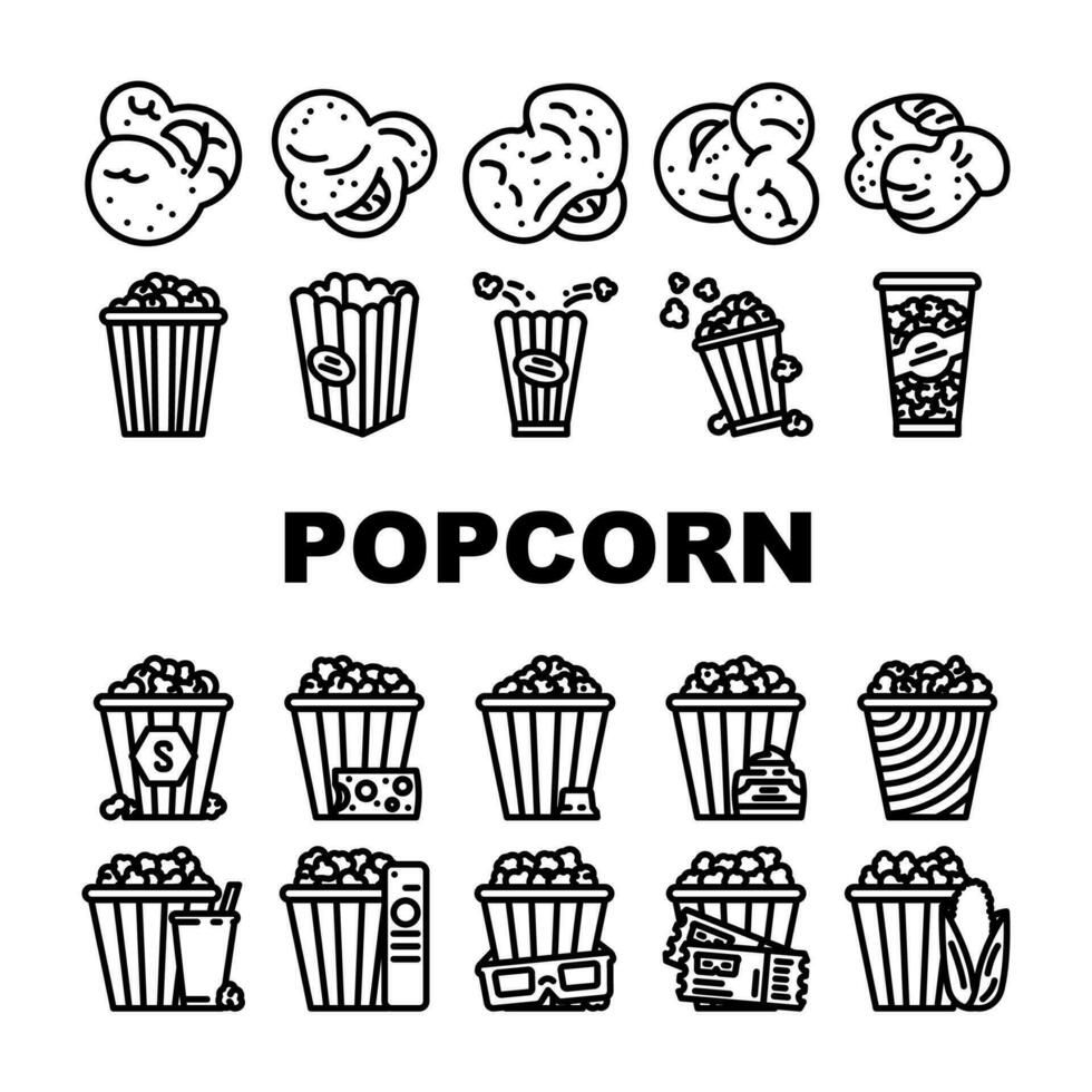Popcorn Essen Snack Kino Symbole einstellen Vektor