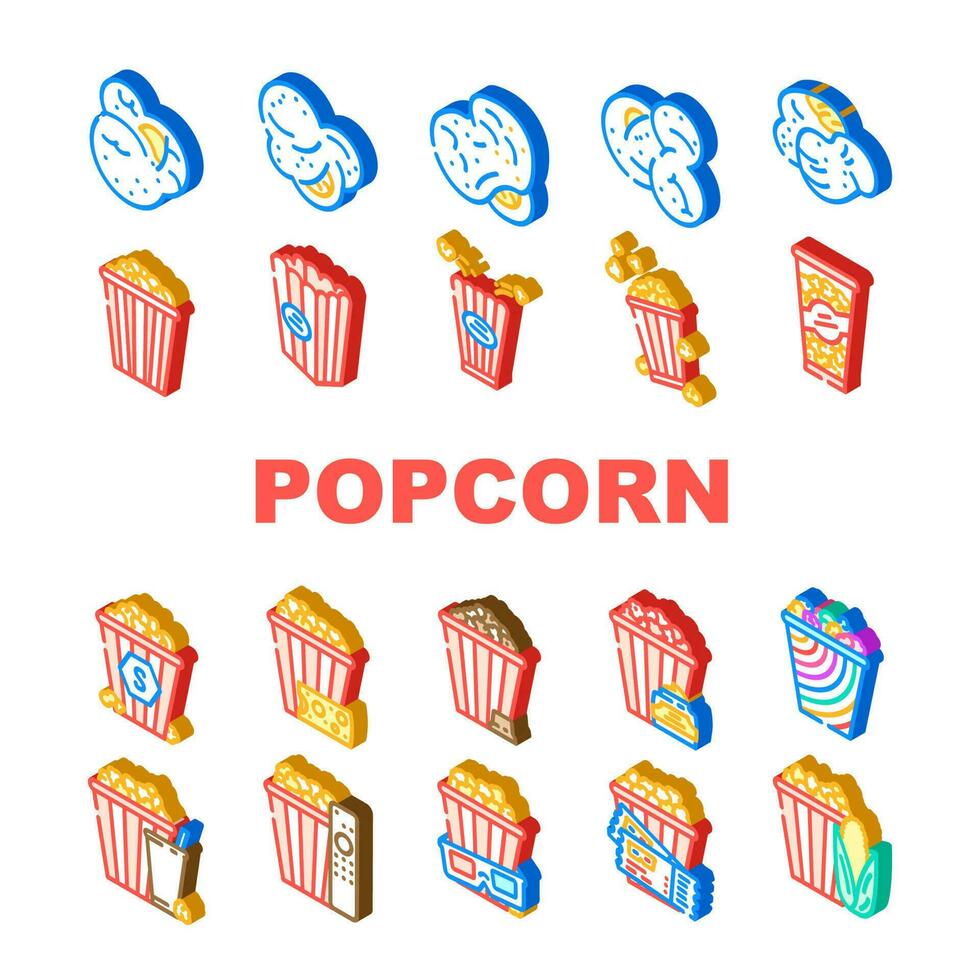 Popcorn Essen Snack Kino Symbole einstellen Vektor