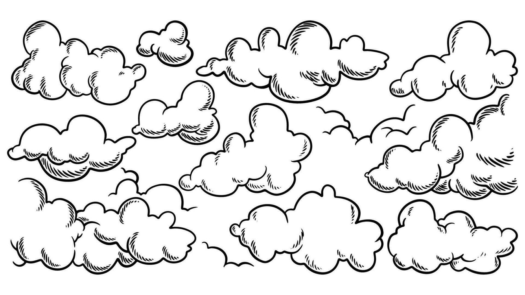 Wolken Zeichnung Satz. Vektor Hand gezeichnet Karikatur von Wolke.