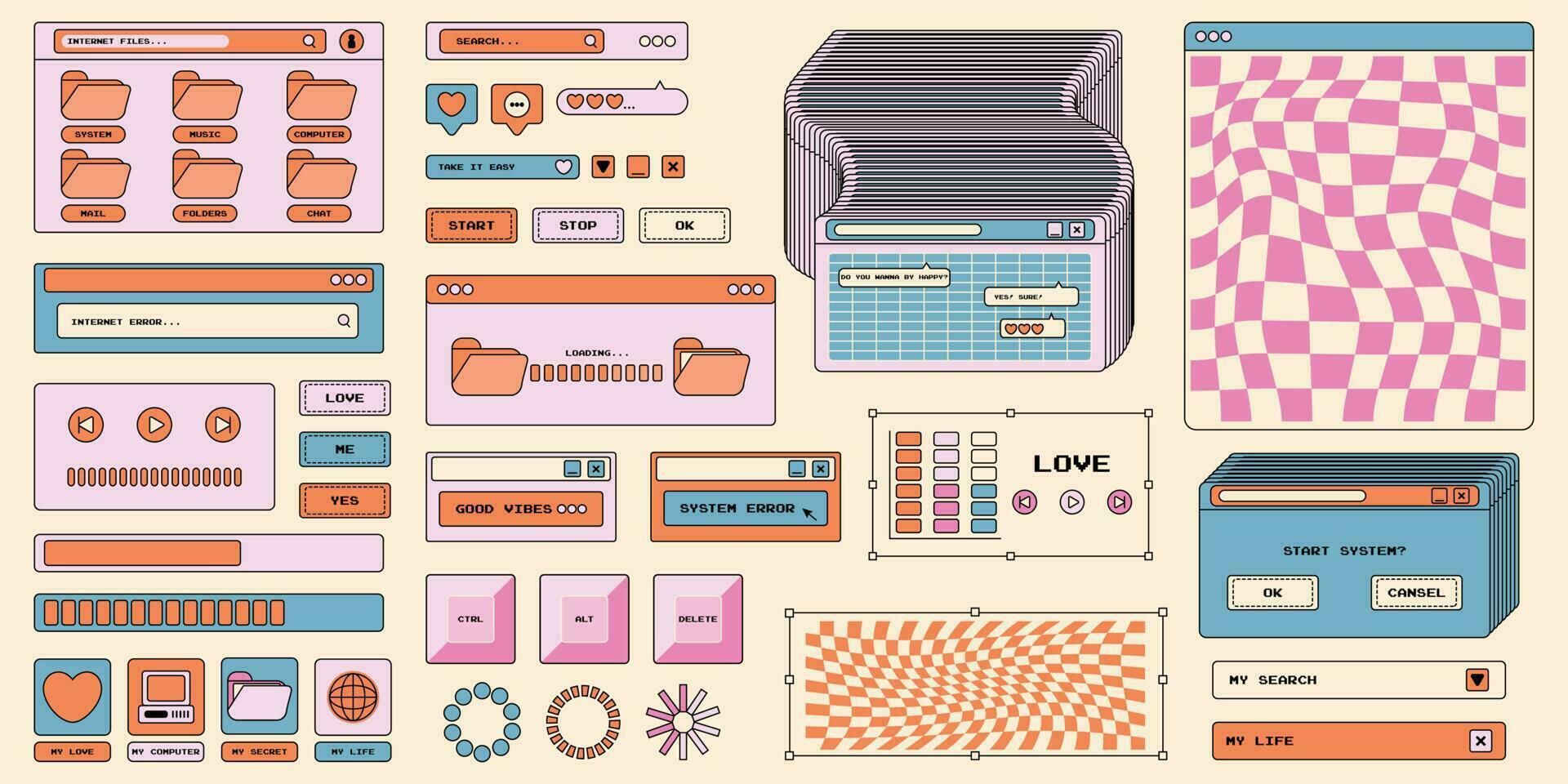 uppsättning av klistermärke element i 2000-talet trendig stil. gränssnitt. retro gaming gränssnitt, modern ramverk för st. nostalgisk stil. vektor illustration.