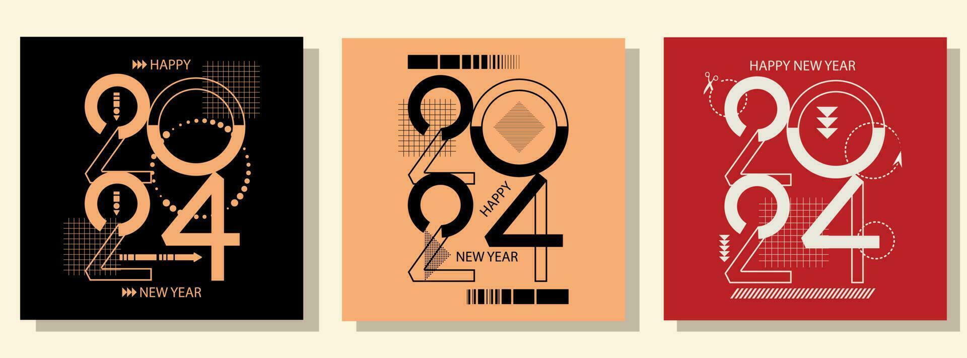 glücklich Neu Jahr 2024 Typografie Logo Design Konzept. geometrisch Formen, Zahlen 2024 zum Design, Abdeckungen, Geschäft Karten, drucken. Vektor Illustration.