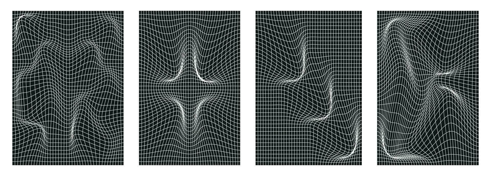 uppsättning av geometri trådmodell maska bakgrunder i vit färger på en svart trådmodell maska bakgrund. abstrakt affischer, mönster, cyberpunk element i trendig psychedelic stil. vektor illustration.