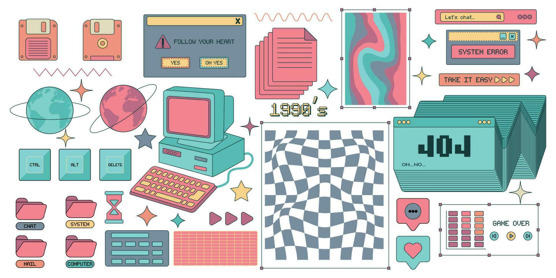 stor uppsättning av klistermärke element i 1990 retro pc stil. estetik av ett gammal dator. retro pc element, användare gränssnitt. vektor illustration.