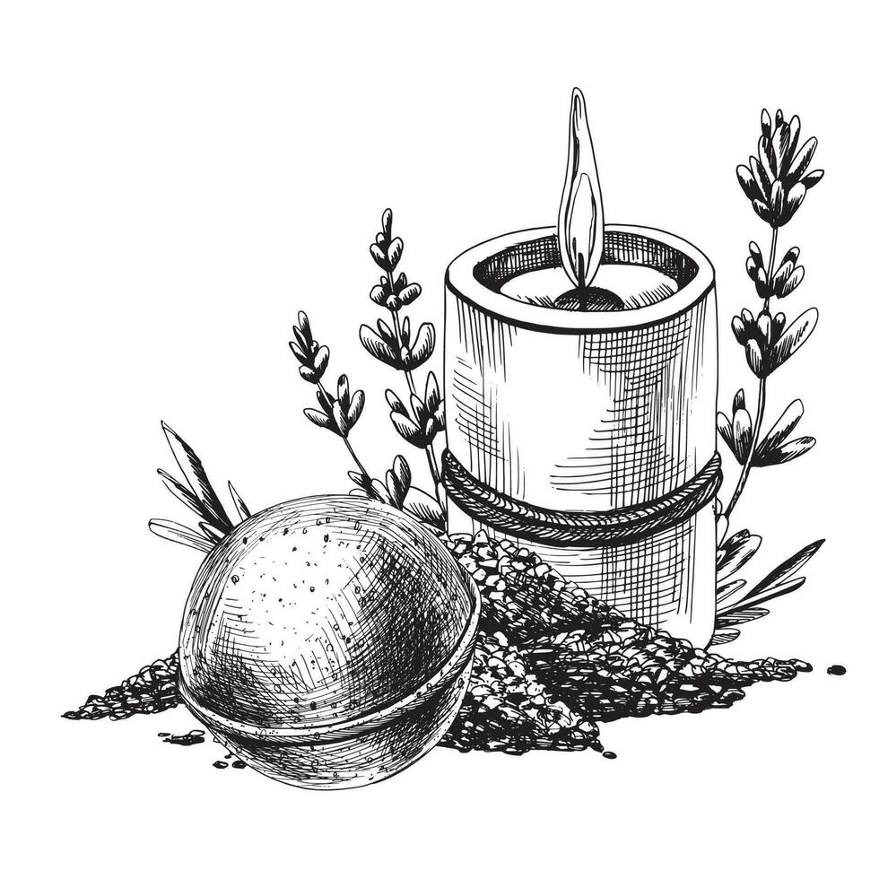 ljus med hav salt, bad bomba och lavendel- blommor. de illustration är grafisk ritad för hand. eps vektor, sammansättning vektor