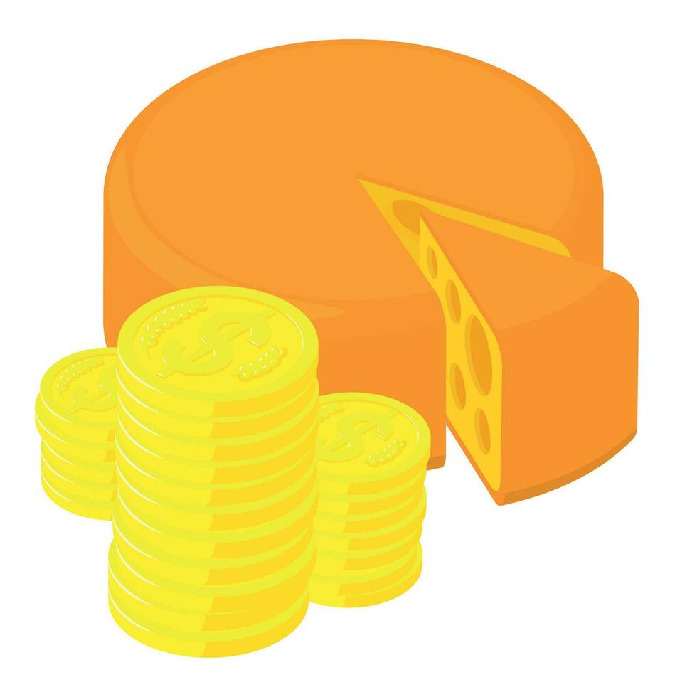 Käse Produktion Symbol isometrisch Vektor. golden Münze Stapel in der Nähe von groß Käse Kopf vektor