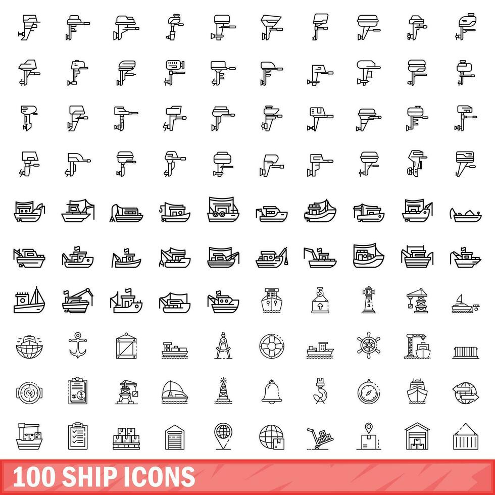 100 fartyg ikoner uppsättning, översikt stil vektor