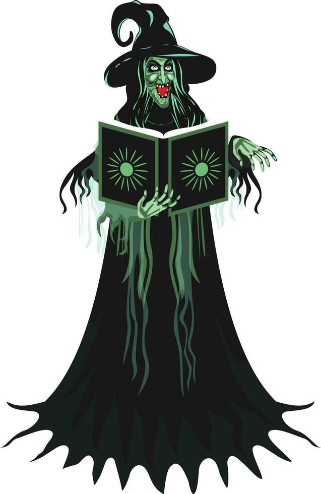 Charakter von verfolgt Hexe halten Magie Buch. vektor