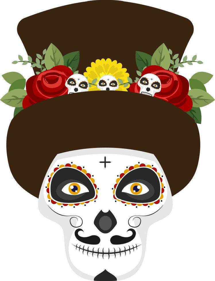 Illustration von Zucker Schädel oder Calaveras tragen braun Hut dekoriert mit Blumen. vektor