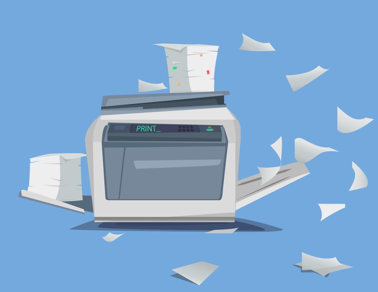 Büro Multifunktionsdruckerscanner viele Dokumente und Papiere isoliert flache Vektor-Illustration vektor