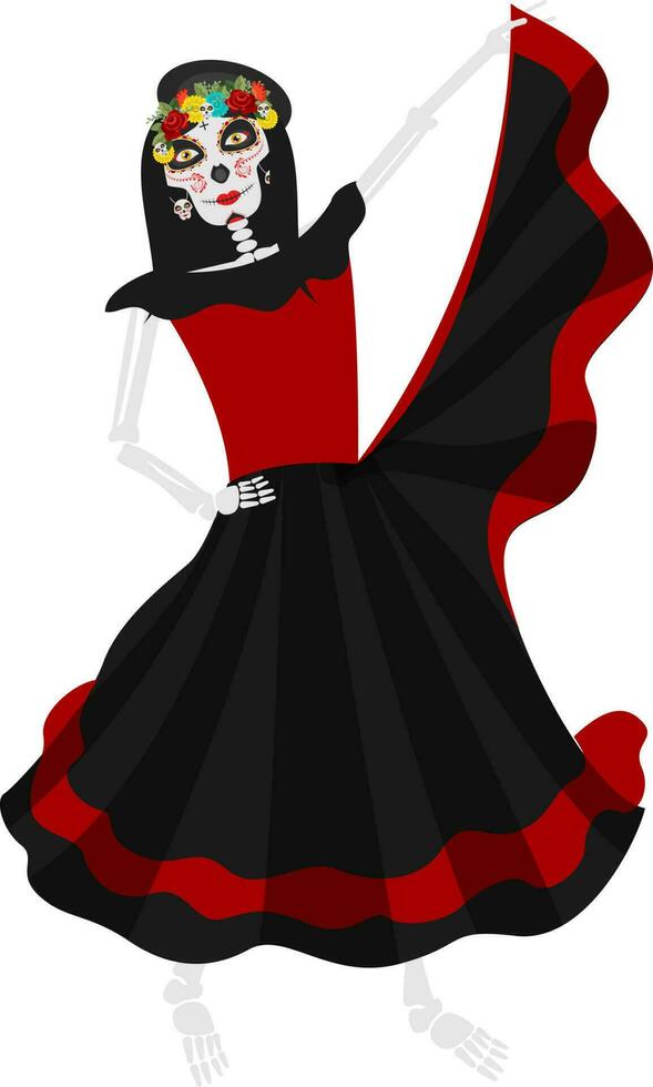 skelett av catrina bär röd och svart klänning i dans utgör. vektor