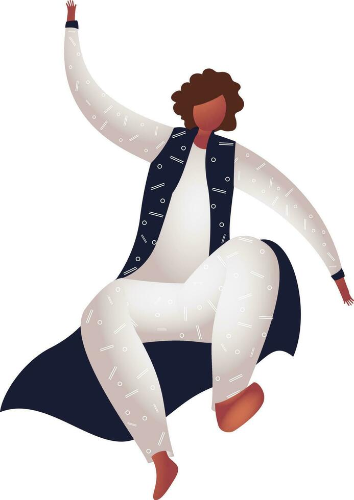 gesichtslos jung Junge tragen Kurta Schlafanzug mit Jacke im Springen Pose. vektor