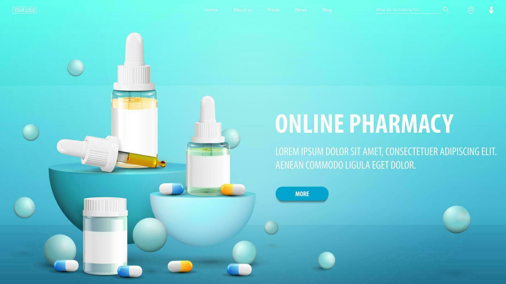 online Apotheke, Blau Banner zum Webseite mit halbkreisförmig Sockel mit Medikamente und hüpfen Kugeln um. vektor