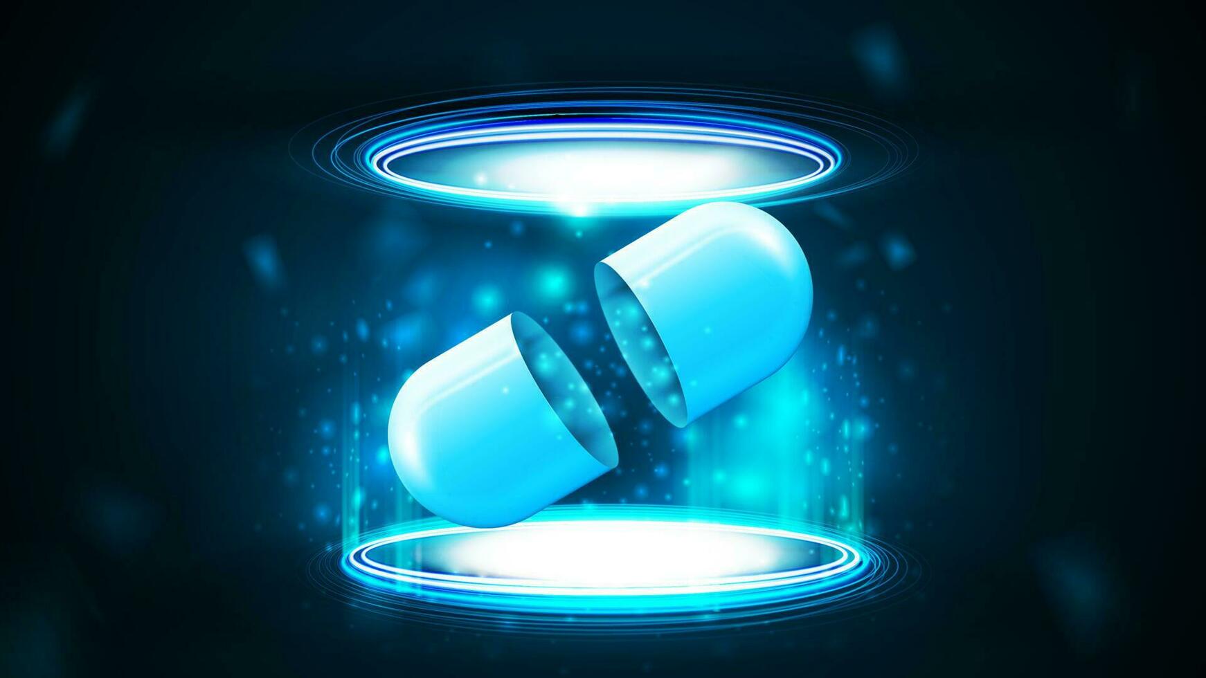realistisk transparent neon piller i abstrakt trogen blå portal tillverkad av digital ringar i mörk tömma scen vektor