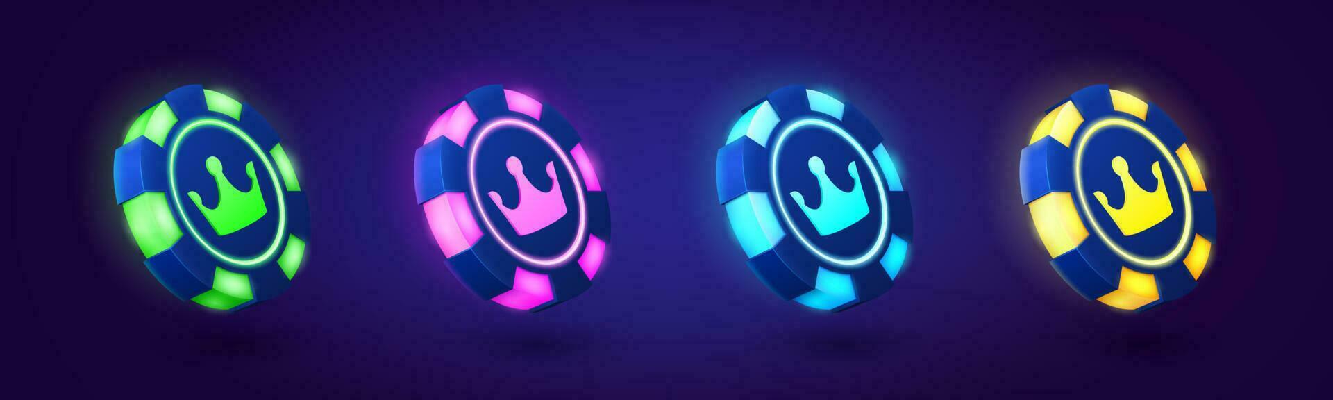 Neon- Poker Spiel Chips mit Krone Licht Vektor