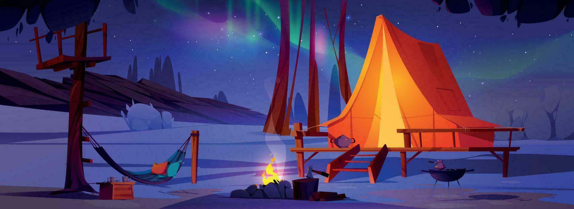 nordlig lampor camping och natt illustration vektor