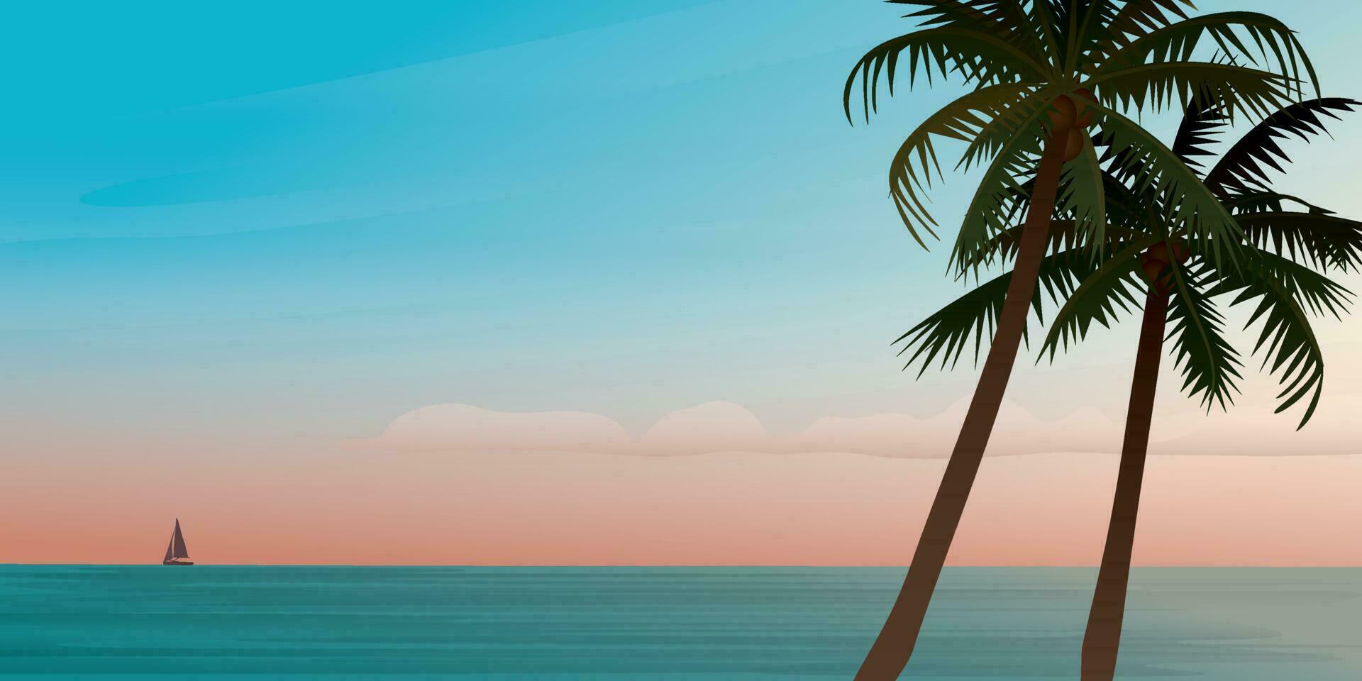 Meereslandschaft, Palme Baum Silhouette und Yacht beim Horizont mit Sonnenuntergang Himmel Hintergrund Vektor Illustration. Sommer- Reisen und Party beim das Strand Konzept eben Design mit leer Raum.