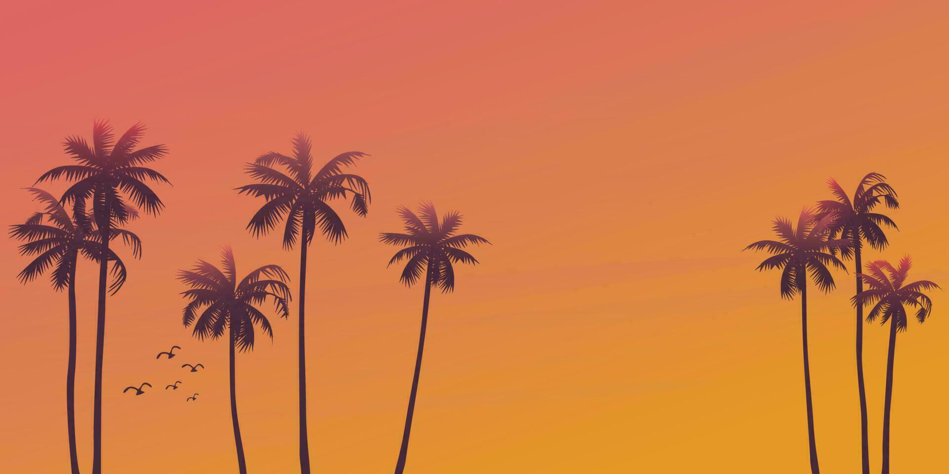 Palme Baum Silhouette mit Sonnenuntergang Himmel Hintergrund Vektor Illustration. Sommer- Reisen und Party beim das Strand Konzept eben Design mit leer Raum.