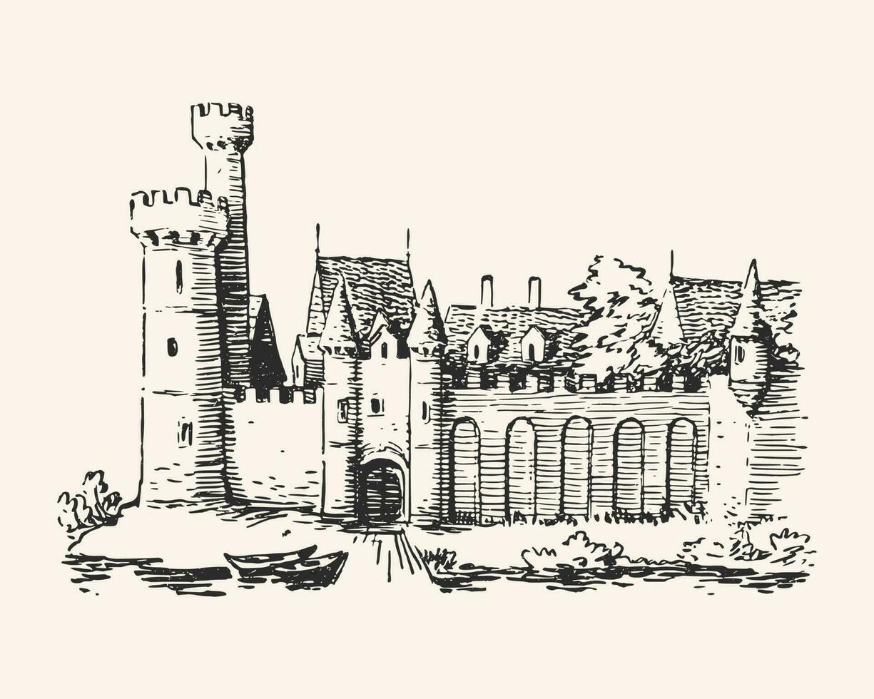 medeltida sten fästning. gammal stad landskap. slott eller befäst palats med portar. mitten åldrar torn. hand dragen bläck vektor illustration. skiss vektor teckning.