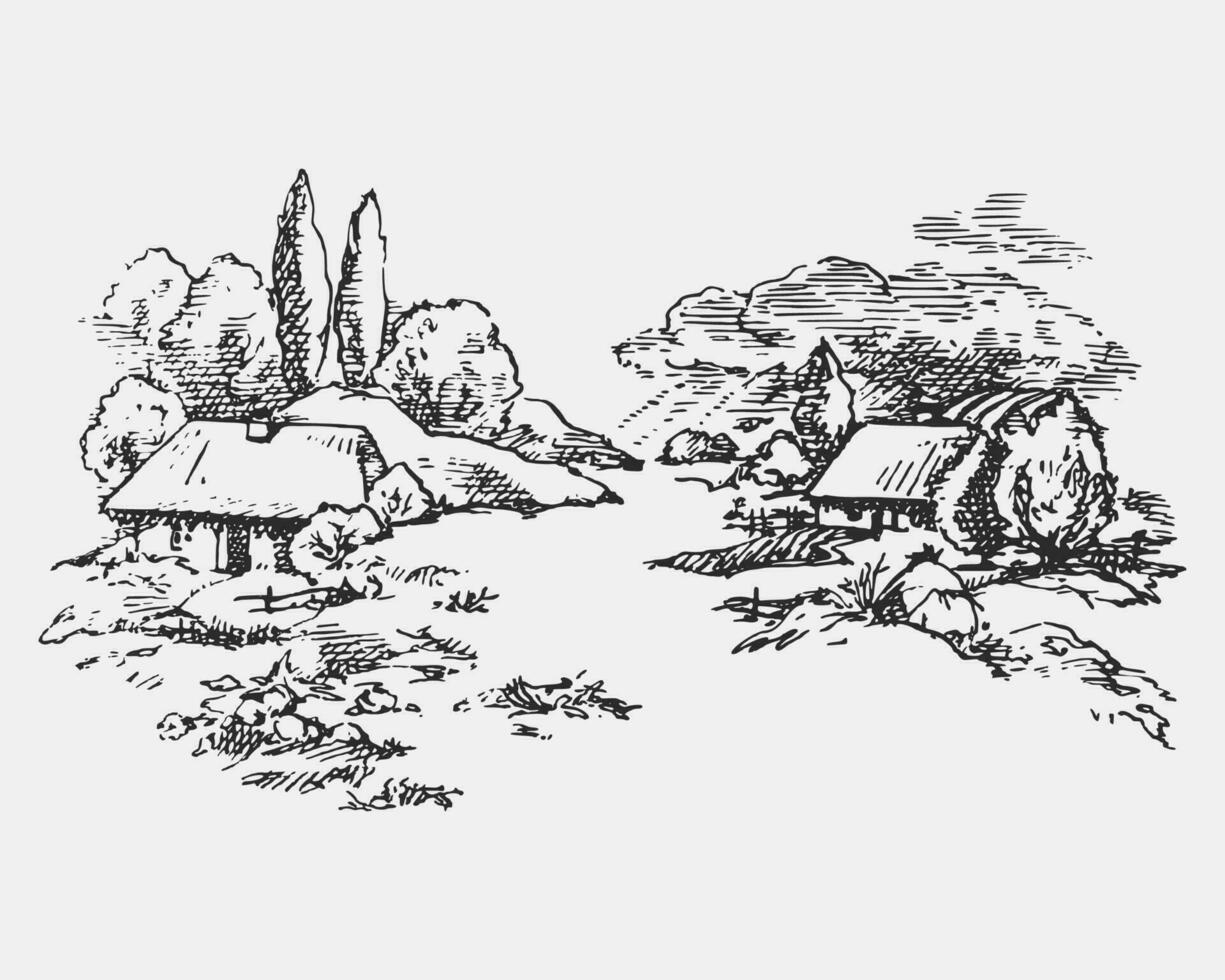 Dorf Landschaft im rustikal Stil. ländlich Natur Hintergrund. schön Panorama von Landschaft. Hand gezeichnet Tinte Illustration. skizzieren Vektor Zeichnung.