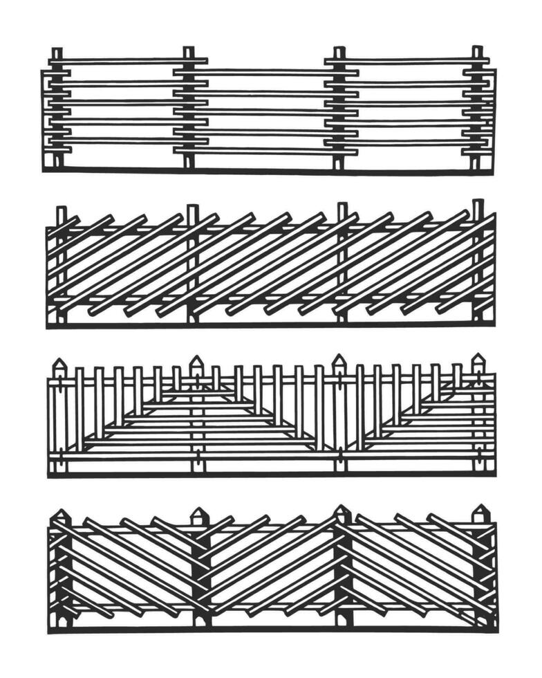 hand dragen bläck illustration av trä- staket. skiss vektor teckning.