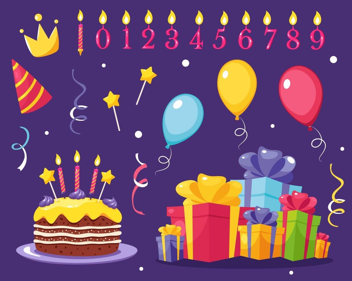 Satz Geburtstagsfeier Design-Elemente Ballons Geschenke Kerzen Kuchen vektor