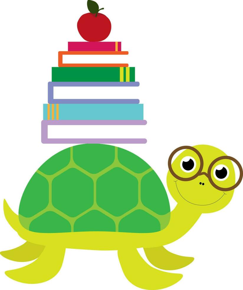 Vektor Illustration von Schildkröte im Brille mit Stapel von Bücher und Apfel im Karikatur Stil