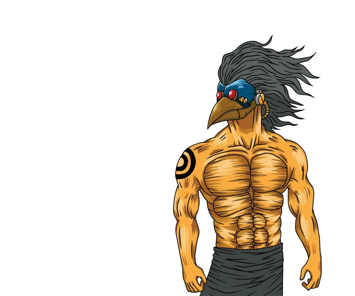 illustration av en muskulös man bär fågel mask med svart hår. original- karaktär av superhjälte. lämplig för affisch, klistermärke, t skjorta design, etc vektor