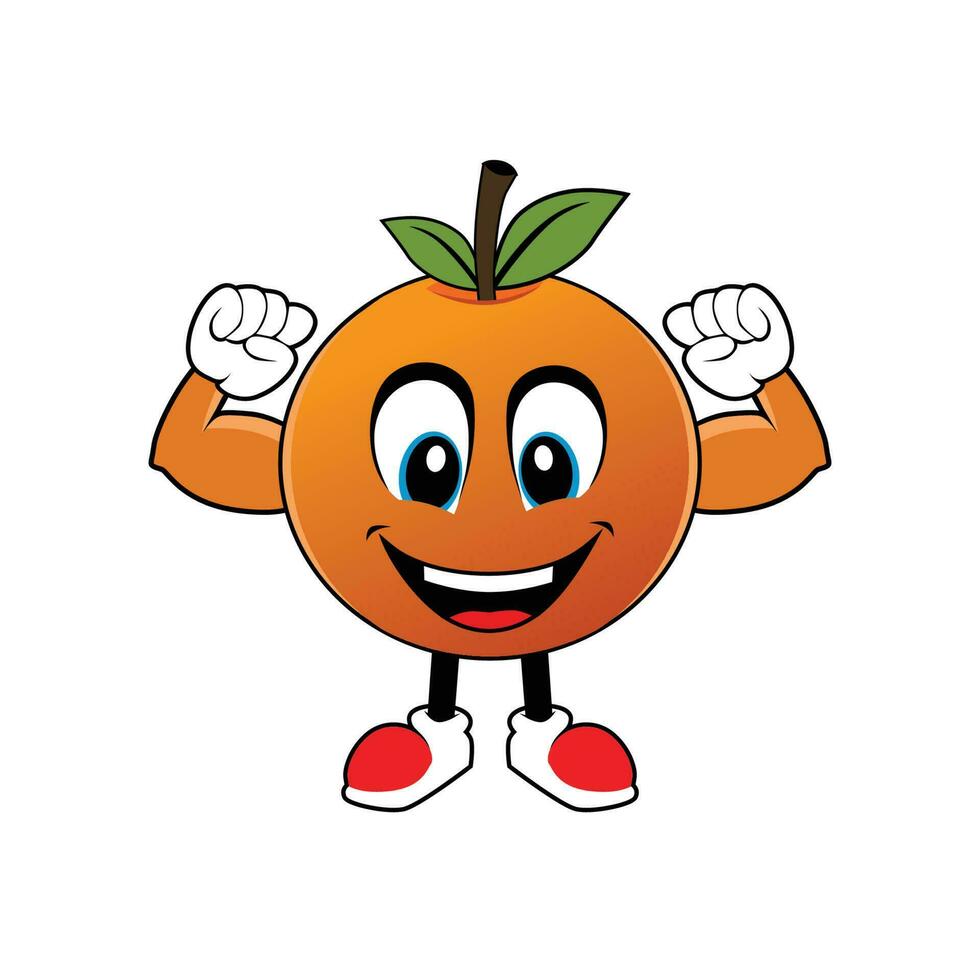 leende orange frukt tecknad serie maskot med muskel vapen .illustration för klistermärke ikon maskot och logotyp vektor