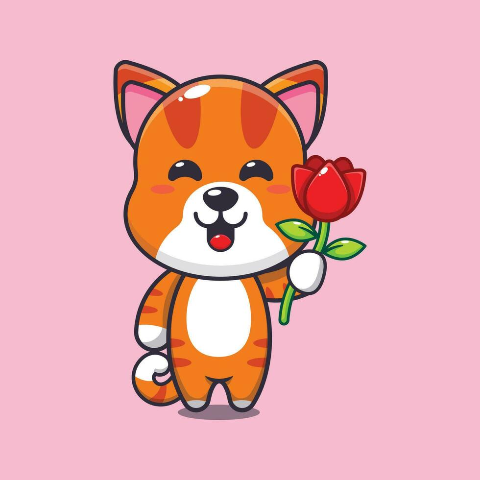 Katze halten Rose Blume Karikatur Vektor Illustration.